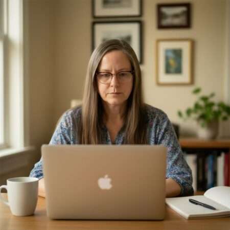 Clare at computer