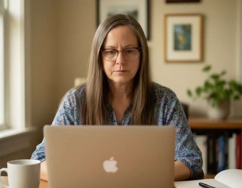 Clare at computer