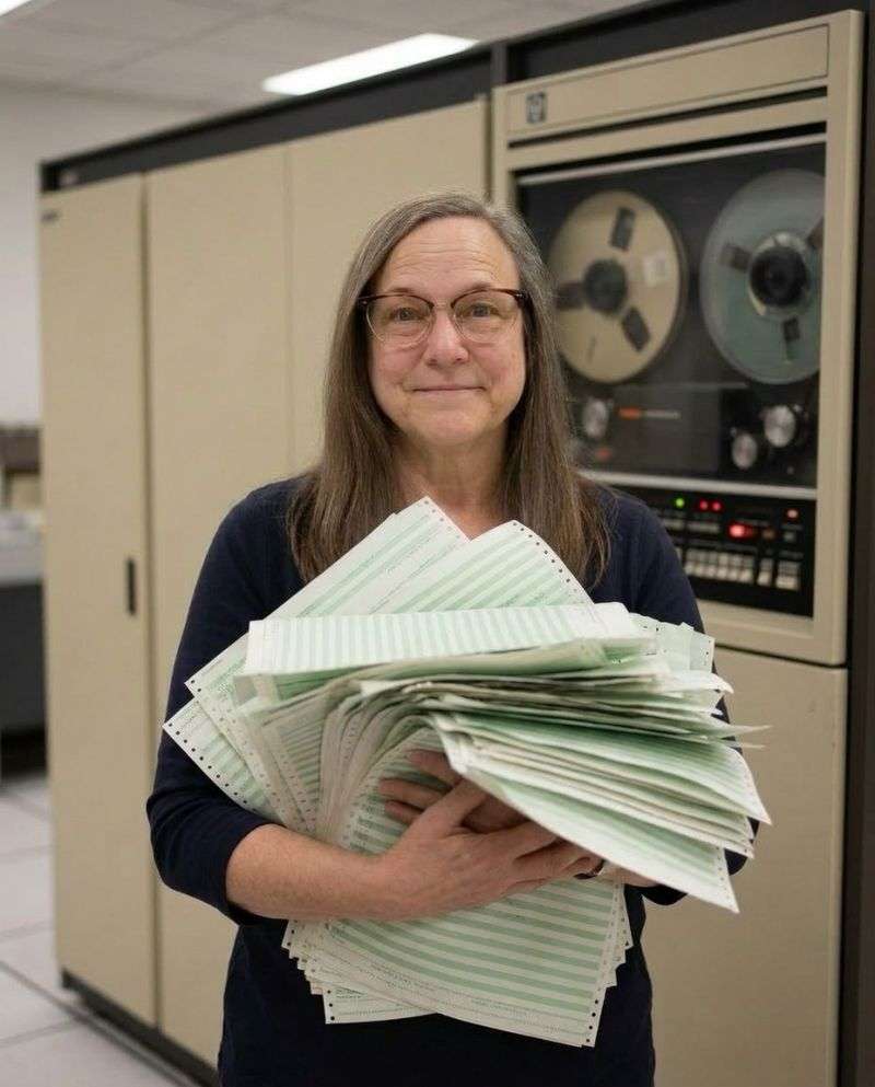 Clare holding old computer printouts